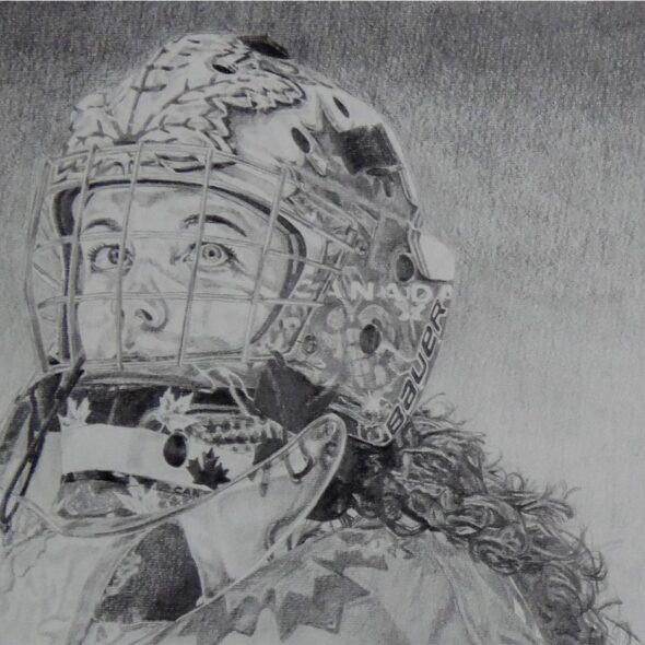 Portrait of Szabados wearing a goalie mask. Pencil on paper.
