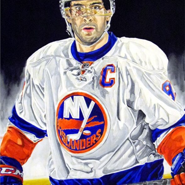 Watercolour portrait of Tavares with the Islanders.