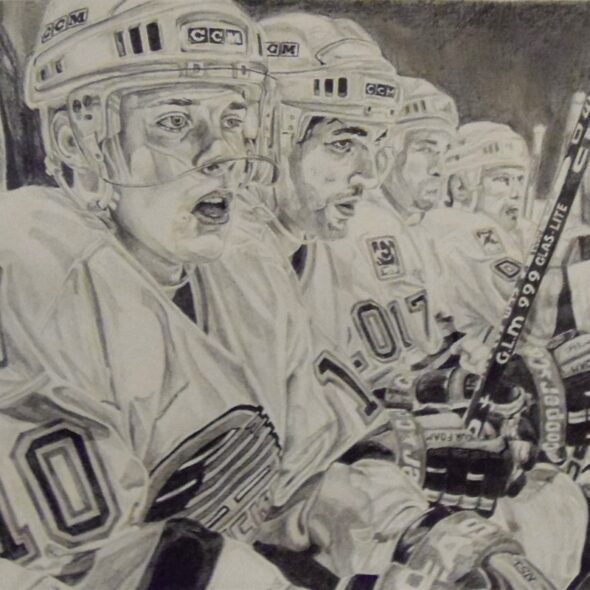 Pencil portrait of Pavel Bure sitting on the bench with Vancouver.