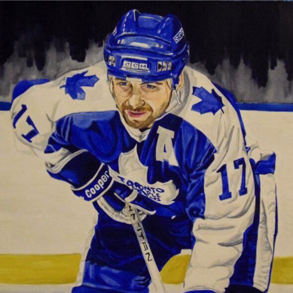Watercolour portrait of Wendel Clark playing for Toronto.