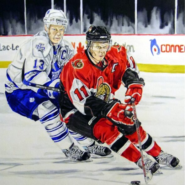 Watercolour painting of Mats Sundin and Daniel Alfredsson competing for the puck.