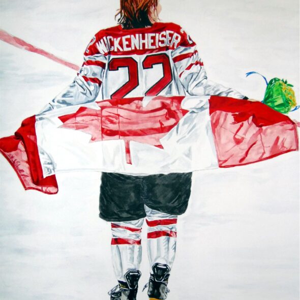 Painting of Wickenheiser with a Canadian flag celebrating Olympic gold while holding flowers.
