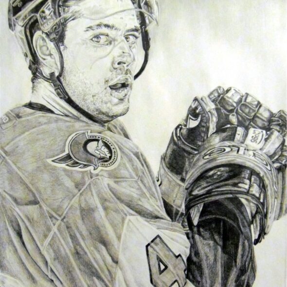 Portrait of Chris Phillips resting with his hands on his stick. Pencil on paper.