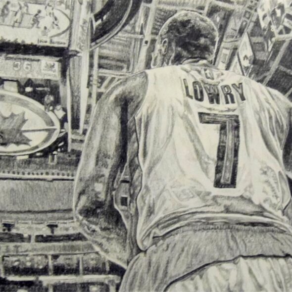 Pencil drawing of Kyle Lowry, viewed from behind, waiting to sub in with the bottom of the Air Canada Centre scoreboard visible.