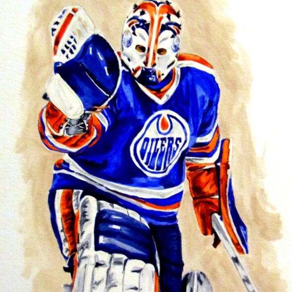 Watercolour painting of Grant Fuhr making a glove save with while playing with the Edmonton Oilers.