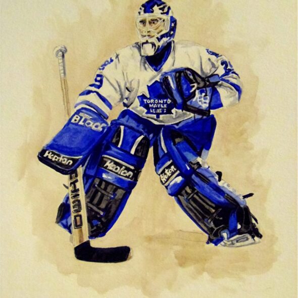 Watercolour painting of Felix Potvin preparing to make a save while playing for the Leafs.