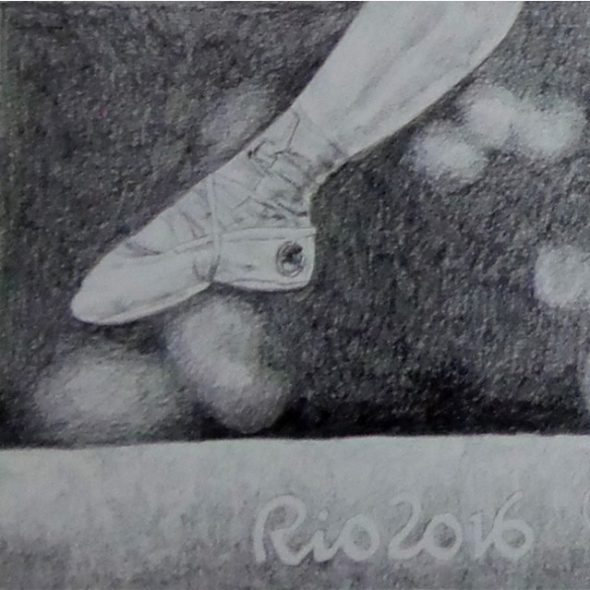 Pencil drawing of legs walking on a balance beam, words "Rio 2016" on the beam.