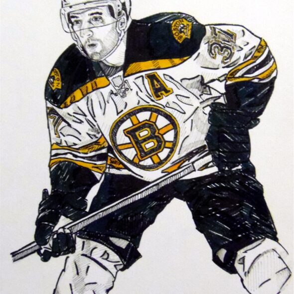 Portrait of Patrice Bergeron playing for Boston. Pen and ink on paper.