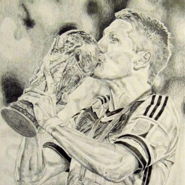 Bastien Schweinsteiger kissing the World Cup. Pencil drawing.