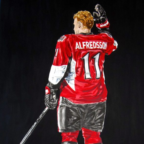 Daniel Alfredsson saluting the crowd. Viewed from behind. Watercolour painting.