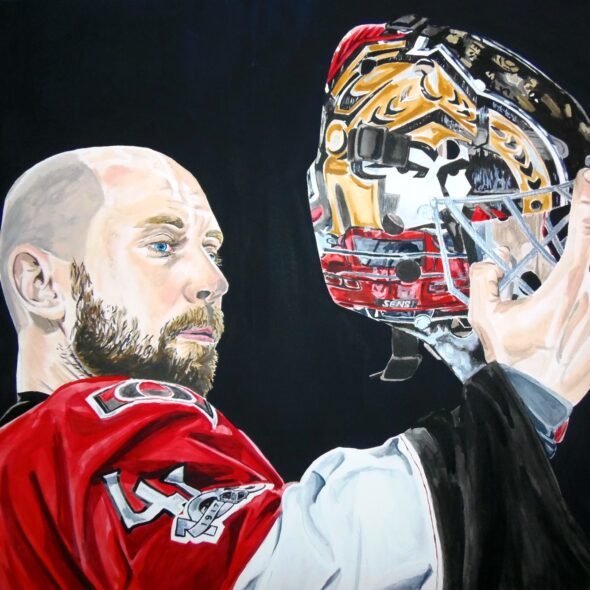 Watercolour portrait of Anderson looking at his goalie mask.