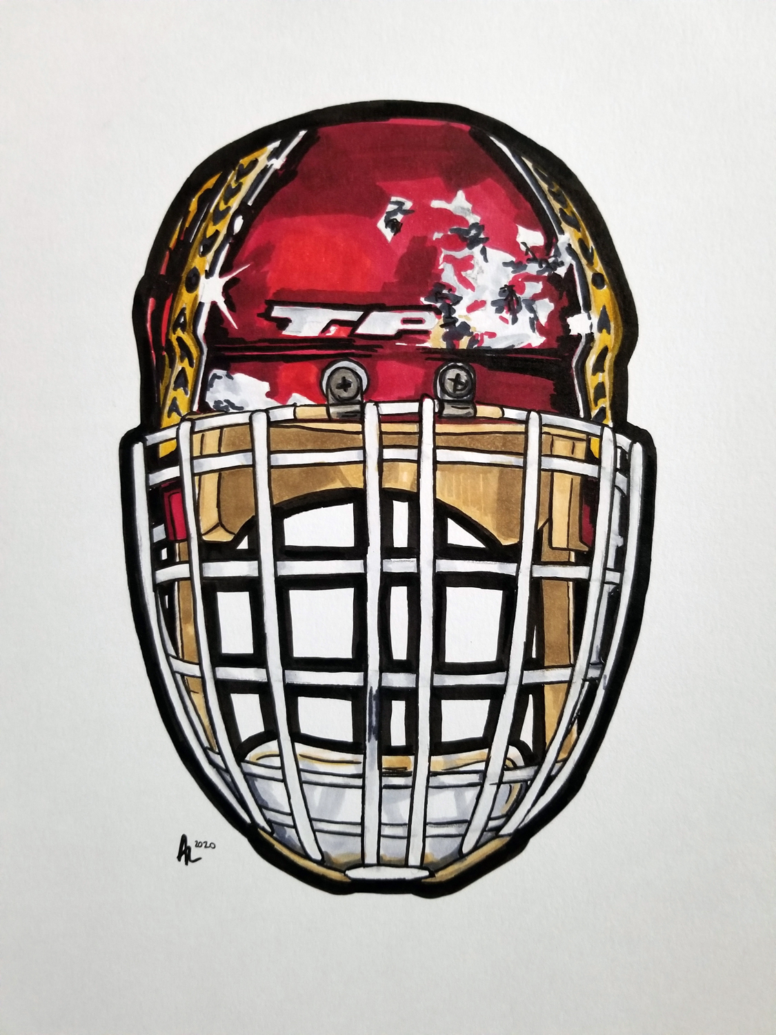 Pen and ink drawing of a goalie helmet with cage and red and gold design.