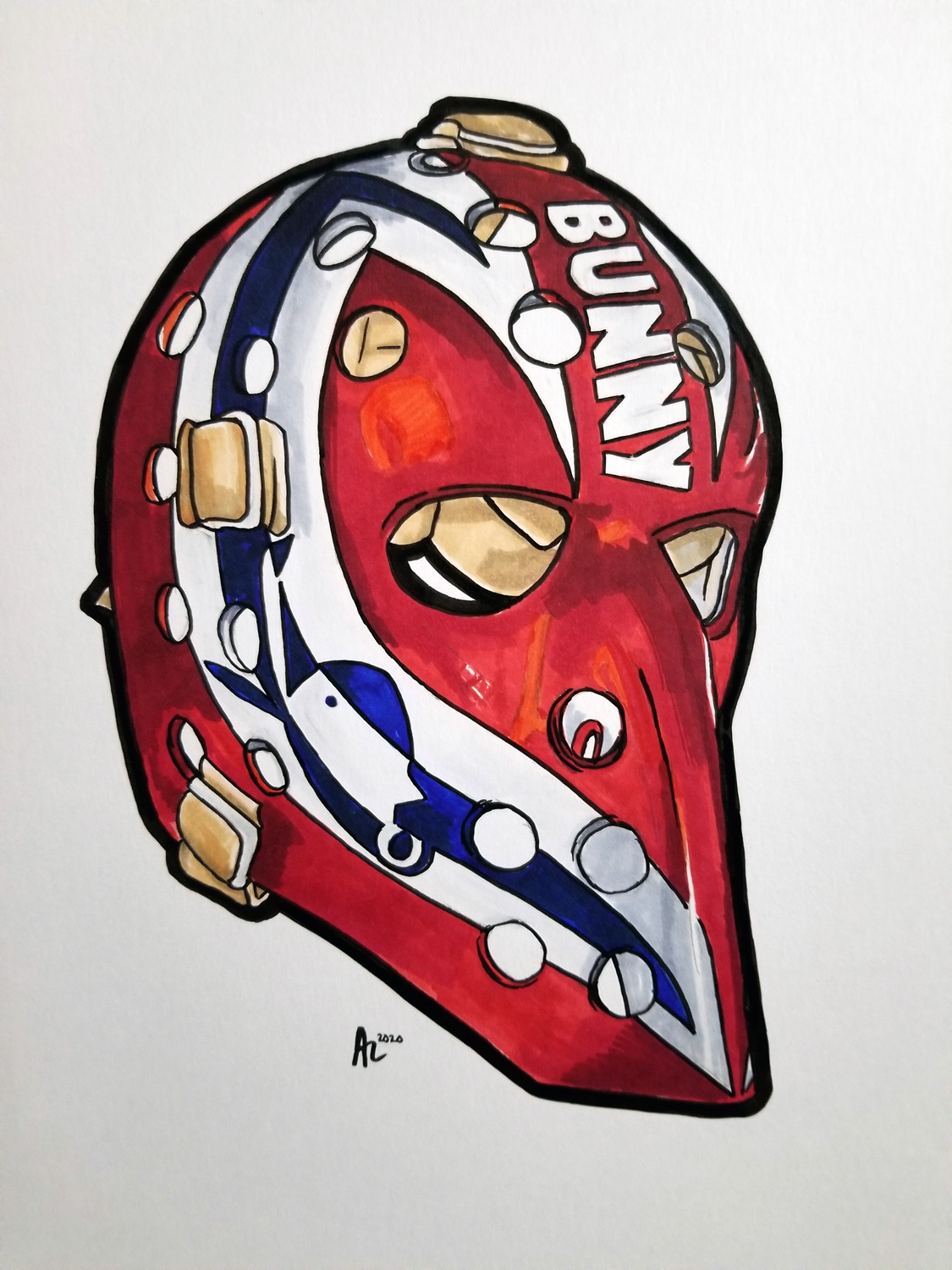 Pen and ink drawing of a goalie mask with no cage, red, blue, and white design with word "bunny" on it