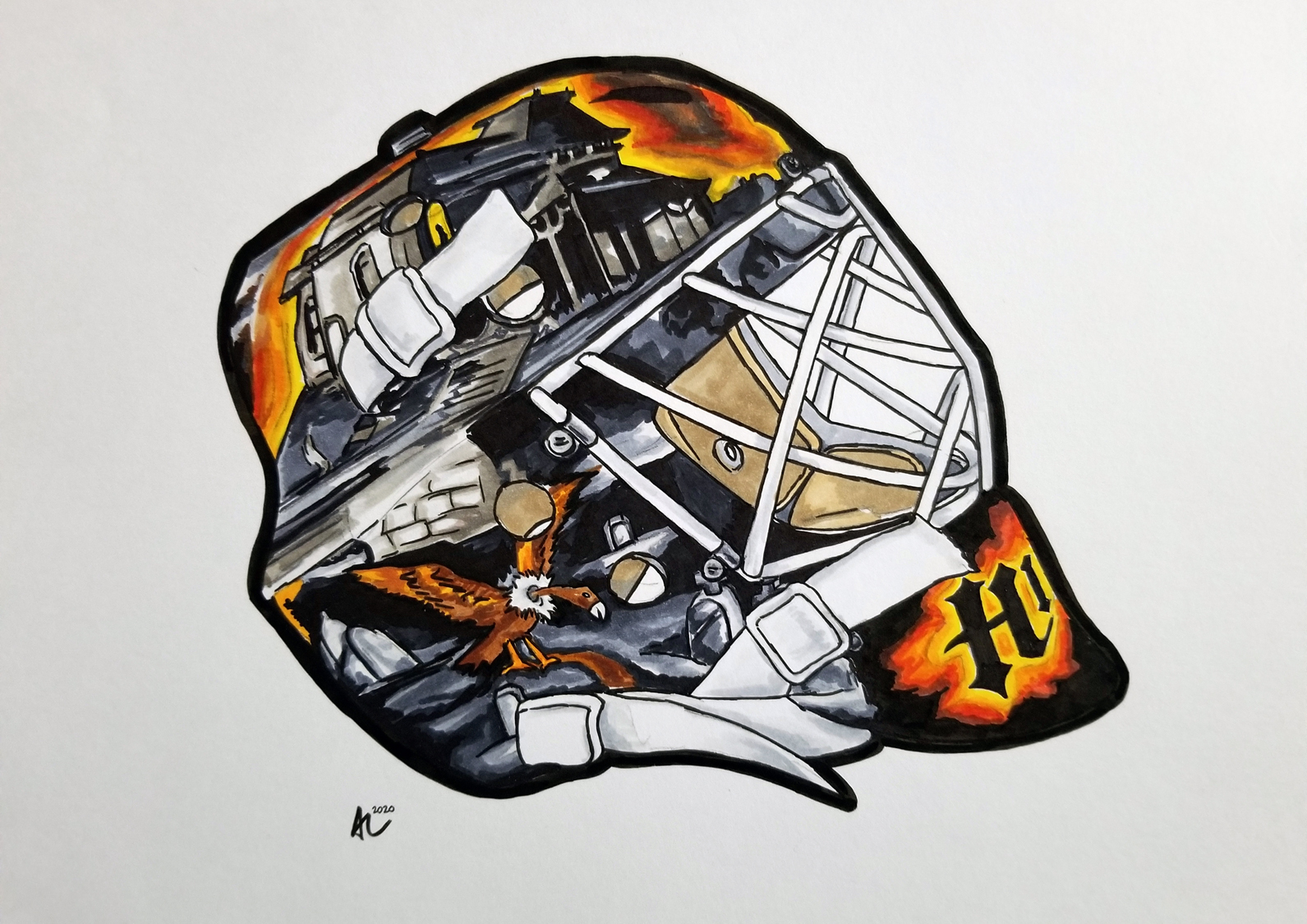 Pen and ink drawing of a goalie mask with cage and Hitchcock-inspired Halloween design.