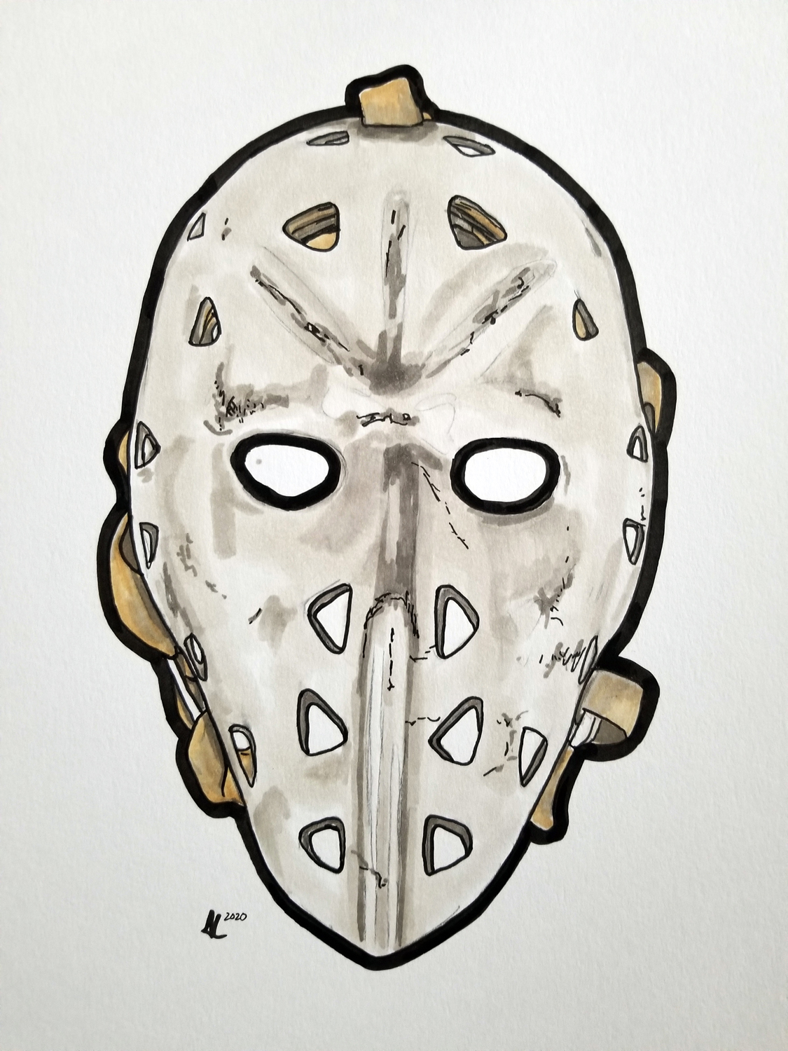 Pen and ink drawing of a white goalie mask without cage.