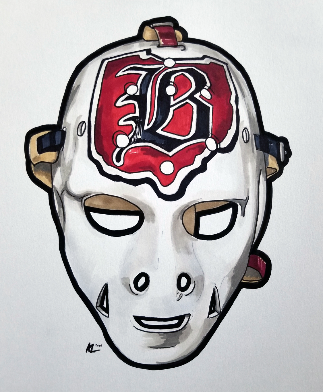 Pen and ink drawing of a goalie mask without cage and with black "B" and red outline of state of Ohio.
