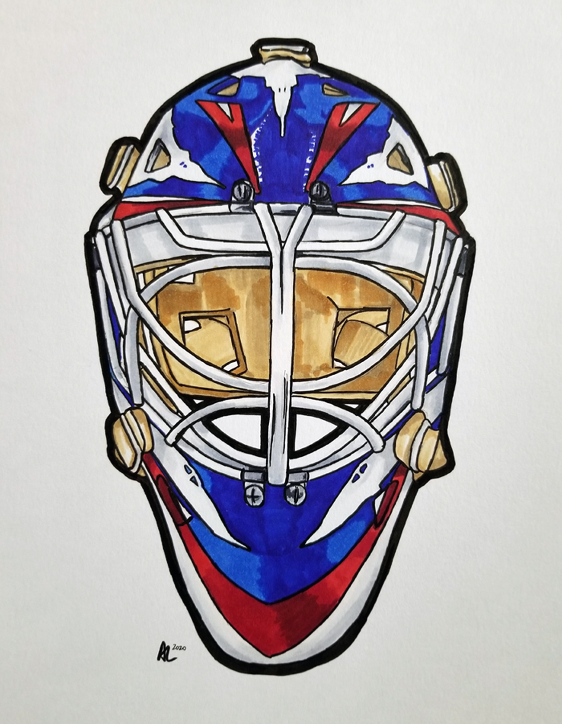Pen and ink drawing of a goalie mask with cage and blue, red, and white airplane design.
