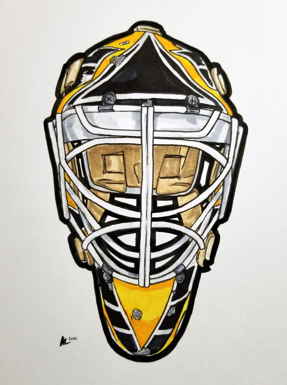 Pen and ink drawing of a goalie mask with cage and black and yellow highlights.