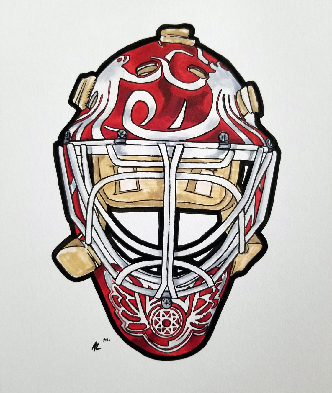 Pen and ink drawing of a goalie mask with cage and red and white octopus design.
