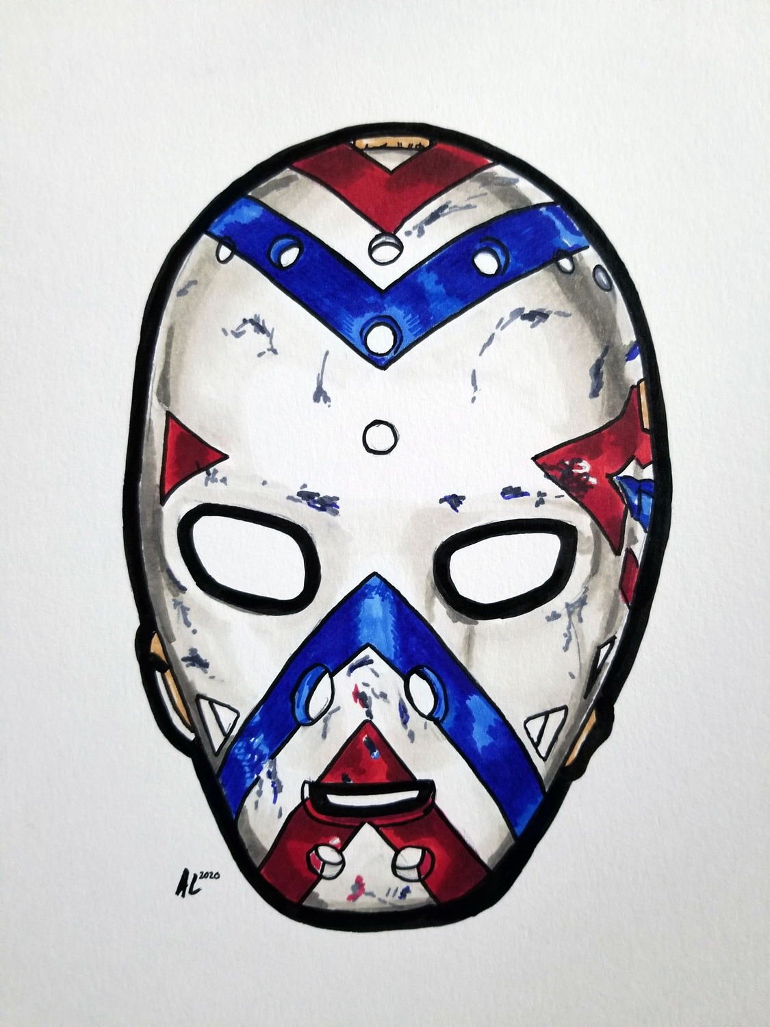 Pen and ink drawing of a goalie mask without cage and red and blue linear arrow design.