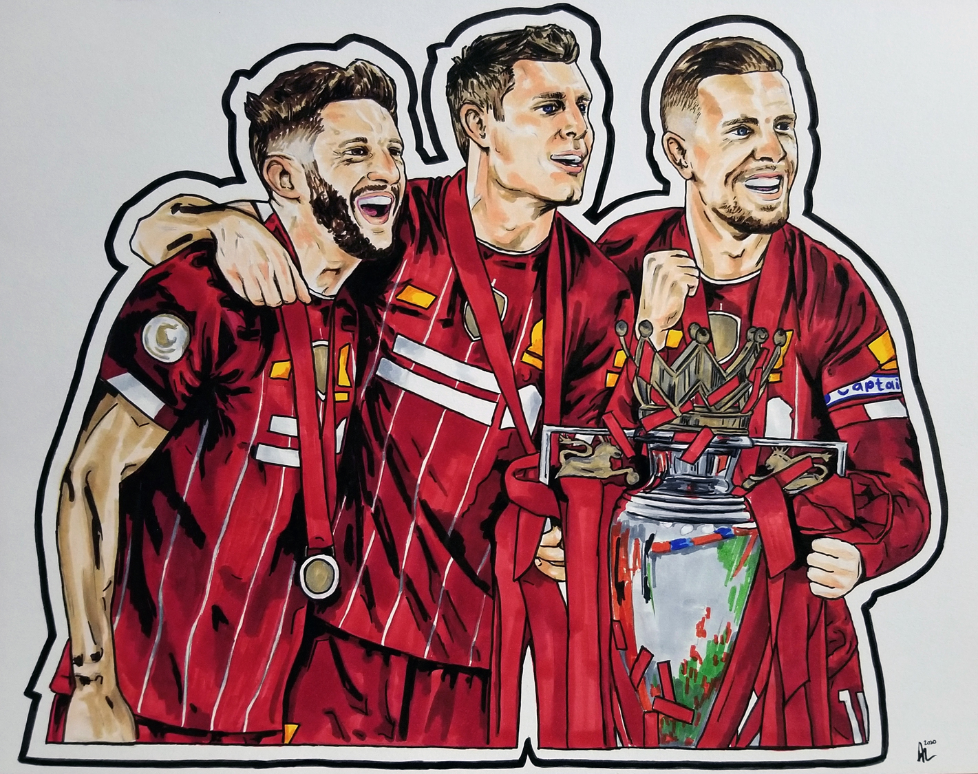 Lallana, Milner, and Henderson celebrate Premier League win with trophy. Pen and ink on paper.