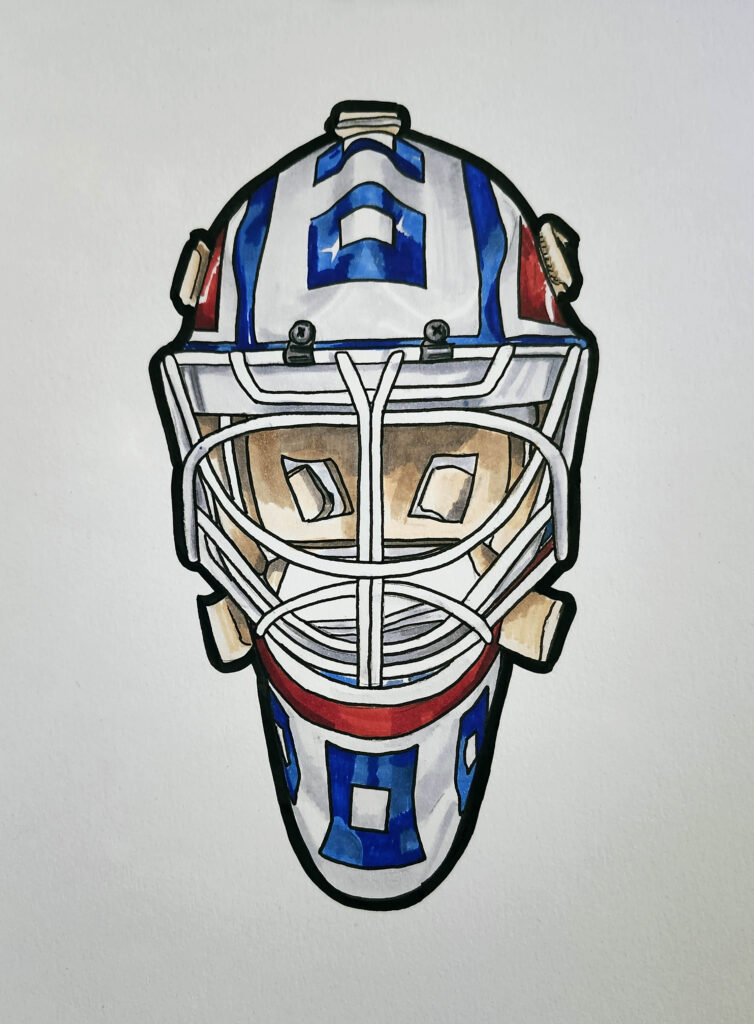 Pen and ink drawing of Jake Allen Montreal mask.