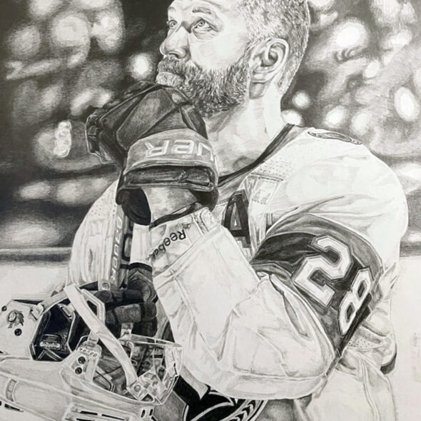 Portrait of Claude Giroux listening to the anthem while playing with the Ottawa Senators. Pencil on paper.