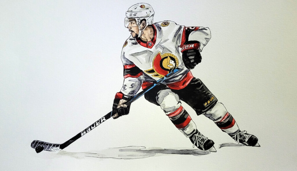 Artem Zub skating with the puck while wearing a white, road Senators jersey. Watercolour painting.