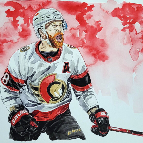 Claude Giroux celebrating a goal and shouting while wearing a white Senators jersey. Watercolour painting with red background.