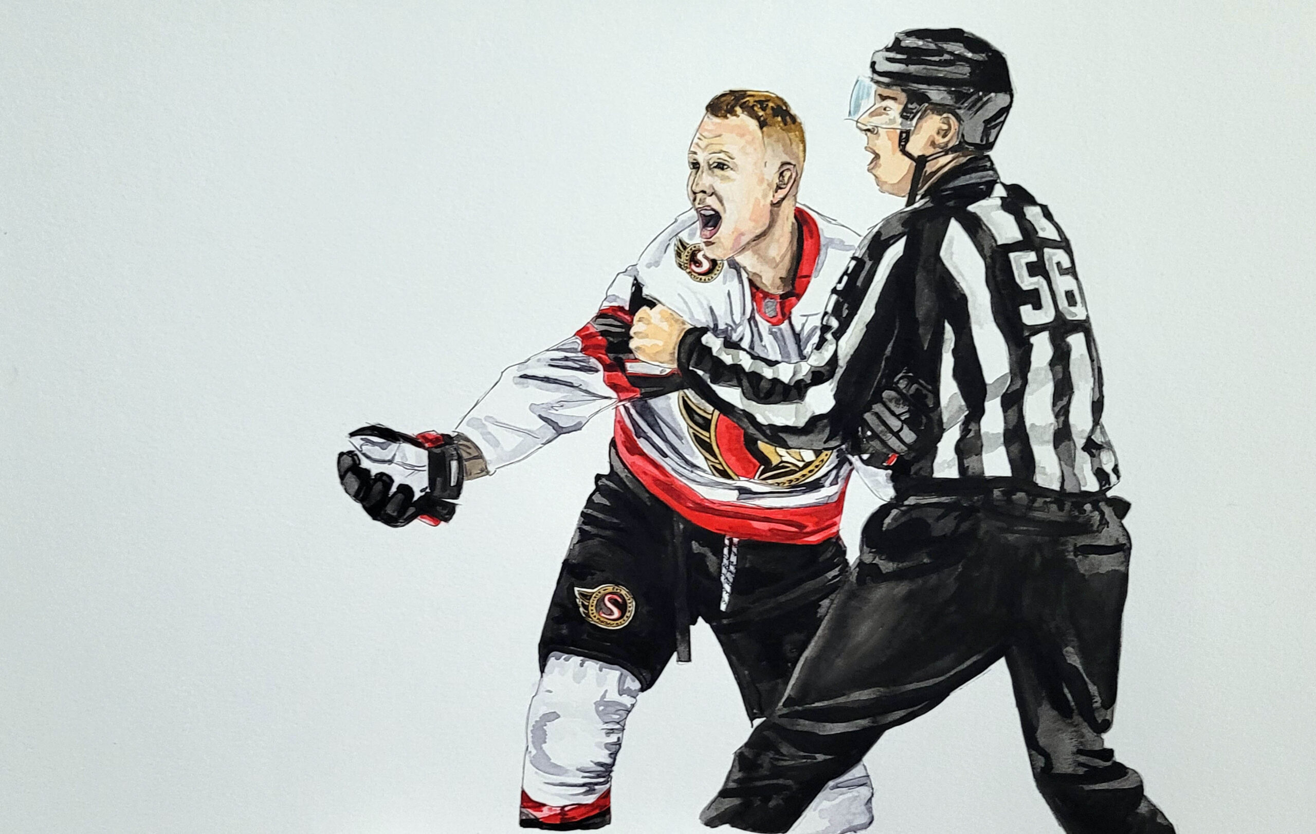 Watercolour painting of Brady Tkachuk being restrained by an official.