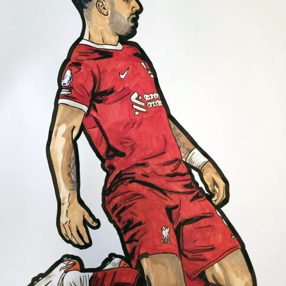 Szoboszlai celebrating his first Liverpool goal by sliding on his knees. Pen and ink drawing.