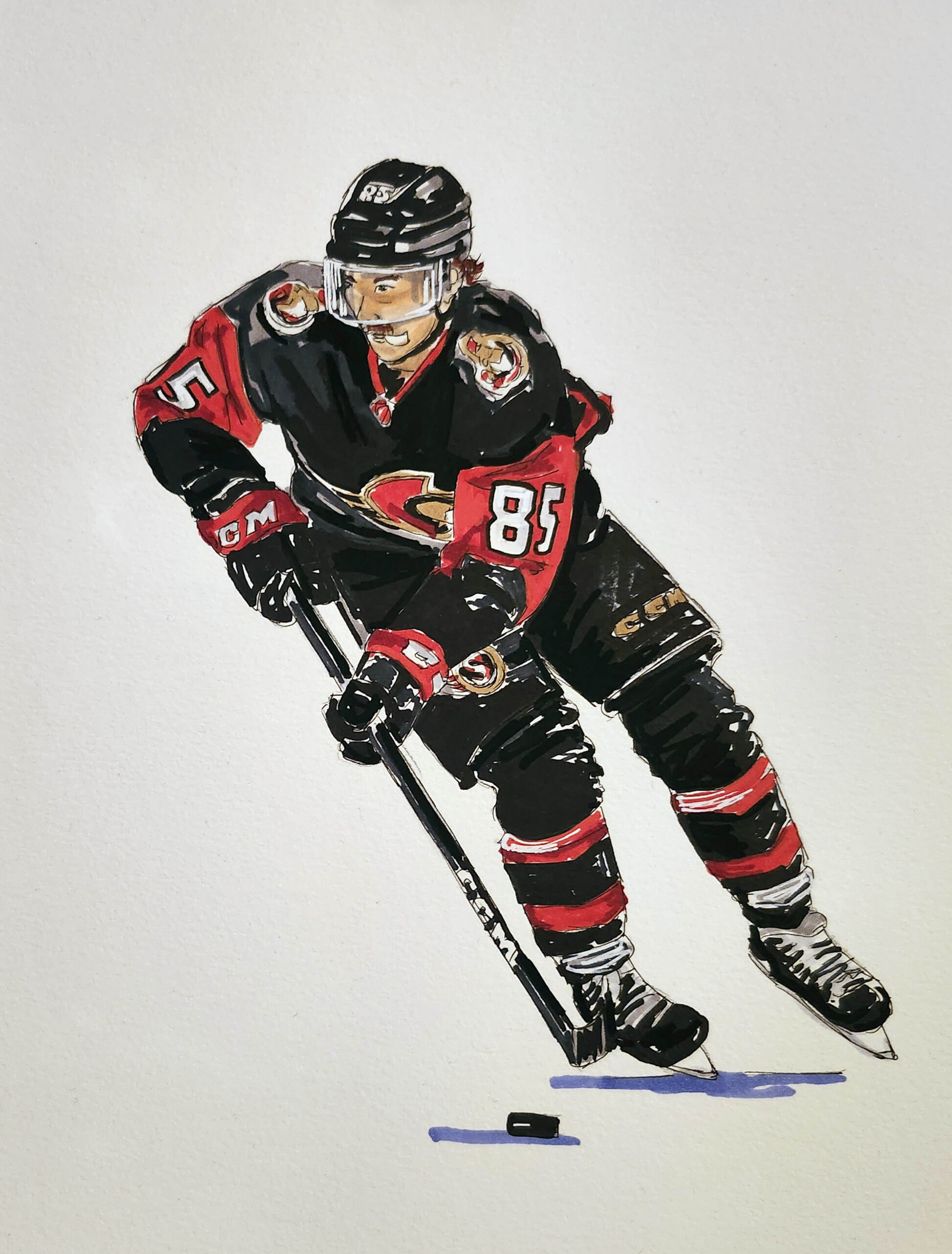 Portrait of Jake Sanderson skating with the puck while playing for the Ottawa Senators. Mixed media on paper.