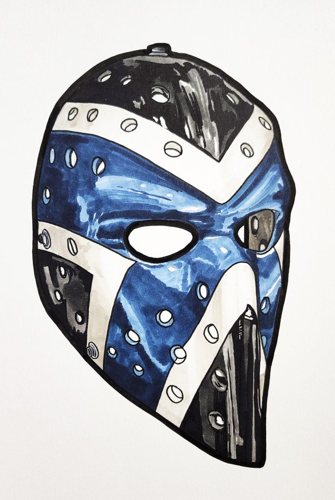 Pen and ink drawing of Michel Plasse's Pittsburgh mask
