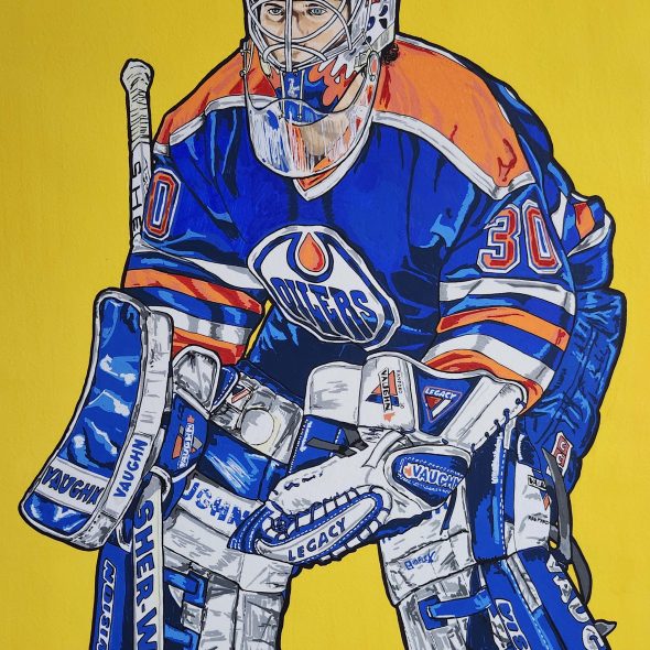 Bill Ranford preparing to make a save with the Edmonton Oilers.