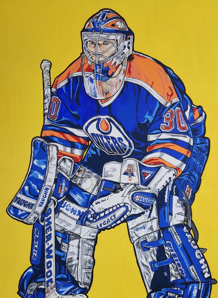 Bill Ranford preparing to make a save with the Edmonton Oilers.