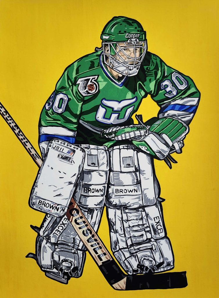 Acrylic painting of Peter Sidorkiewicz playing goal for the Hartford Whalers.