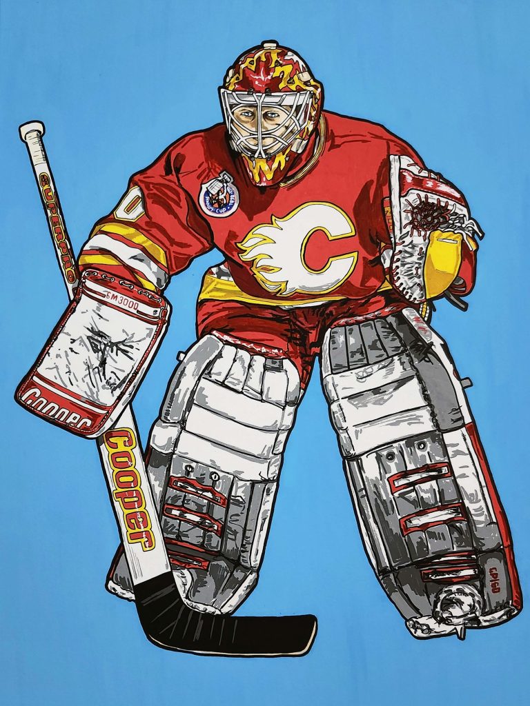 Acrylic painting of Mike Vernon playing goal for the Calgary Flames