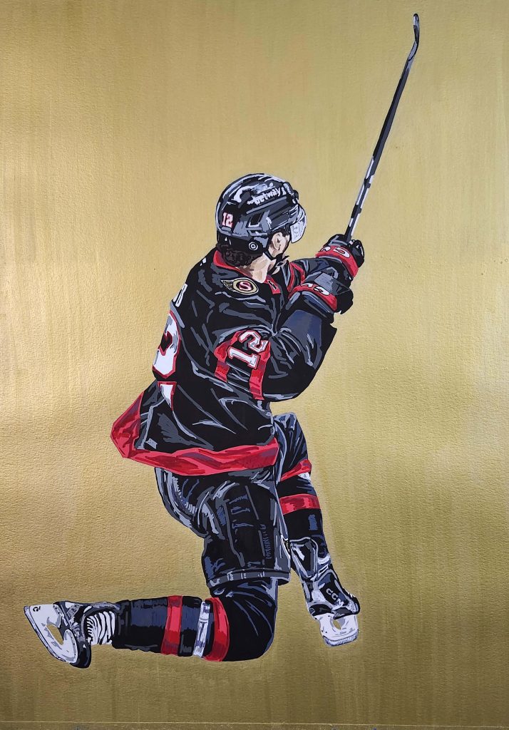 Acrylic painting of Shane Pinto celebrating a goal while playing with the Ottawa Senators