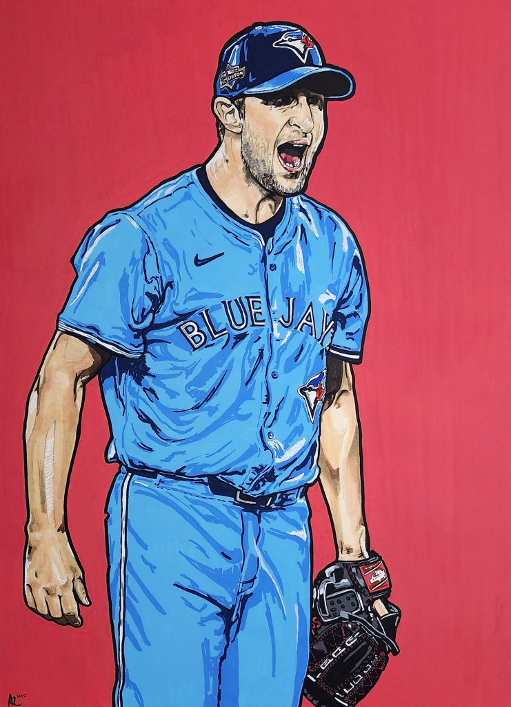 Acrylic painting of Max Scherzer yelling during Game 4 of the 2025 ALCS