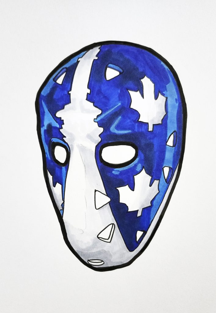 Pen and ink drawing of Curt Ridley's CN Tower Toronto mask.