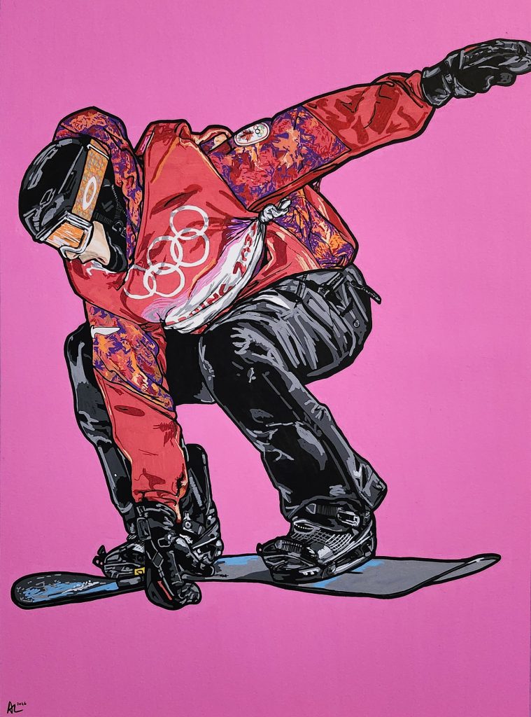 Painting of Mark McMorris grabbing a snowboard and jumping