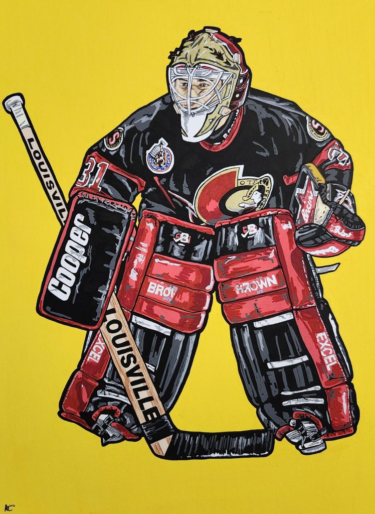 Mixed media painting of Peter Sidorkiewicz playing for the Ottawa Senators