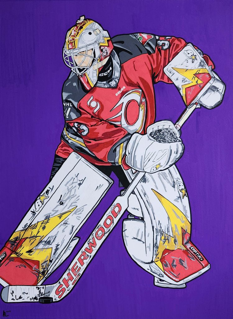 Painting of Ottawa Charge goalie Gwyneth Philips stickhandling the puck