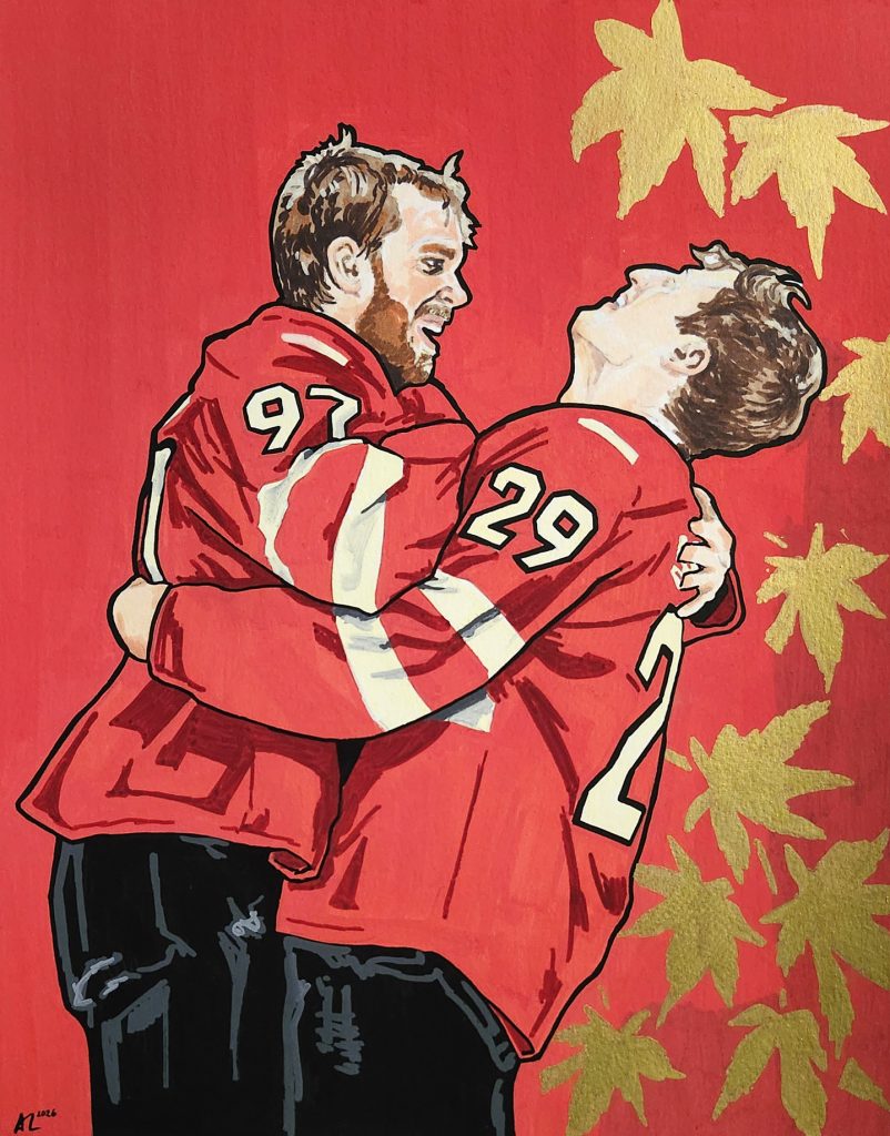Acrylic painting of Connor McDavid and Nathan MacKinnon embracing at the 4 Nations tournament