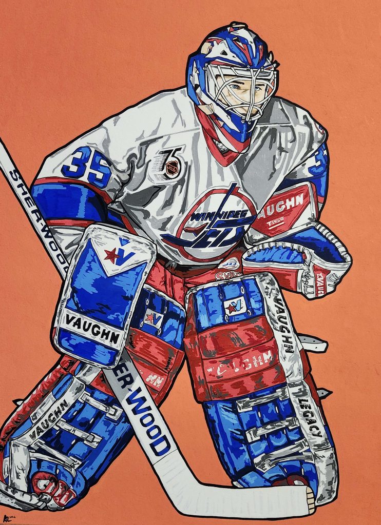 Acrylic painting of Bob Essensa preparing to make a save while playing goal for the Winnipeg Jets