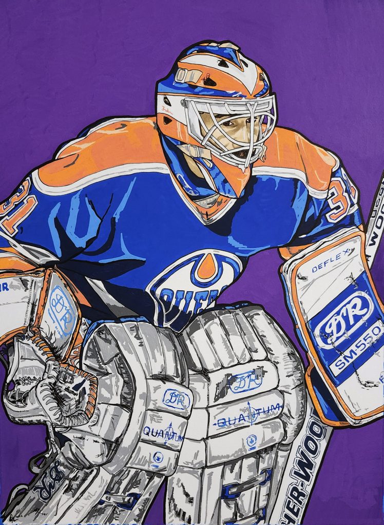 Painting of Grant Fuhr playing goal for the Edmonton Oilers
