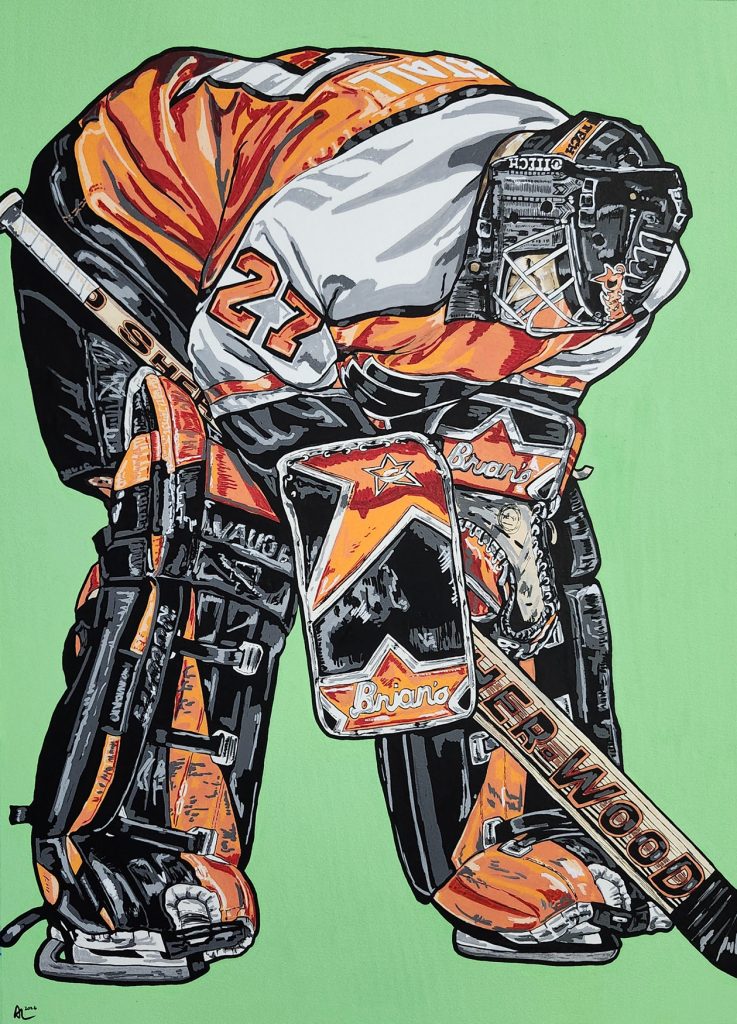 Acrylic painting of Philadelphia goalie Ron Hextall bending over and leaning on his pads
