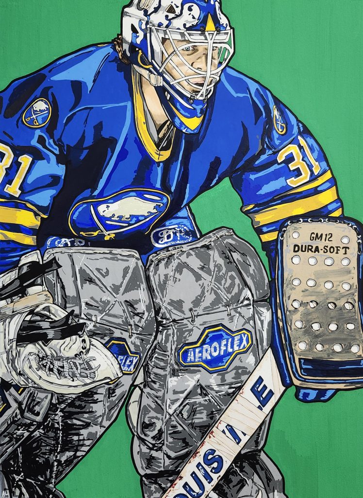 Acrylic painting of Daren Puppa playing goal for the Buffalo Sabres
