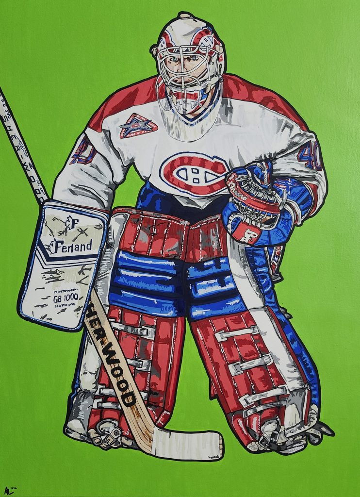 Acrylic painting of Andre Racicot playing goal for the Montreal Canadiens