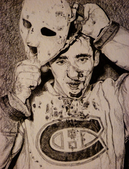 Portrait of Jaques Plante removing his mask to reveal a bloody nose. Pencil drawing.
